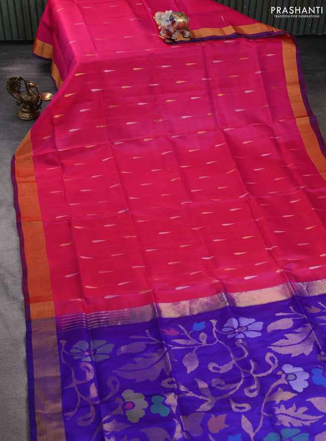 Pure uppada silk saree pink with silver & gold zari woven thilak buttas and jamdhani design pallu
