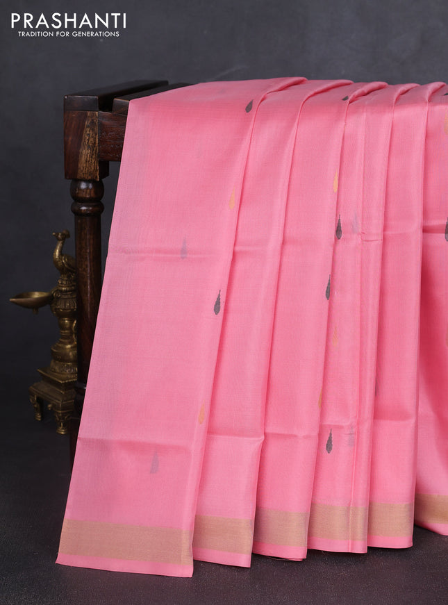 Pure uppada silk saree peach shade with thread & gold zari woven buttas and jamdhani design pallu