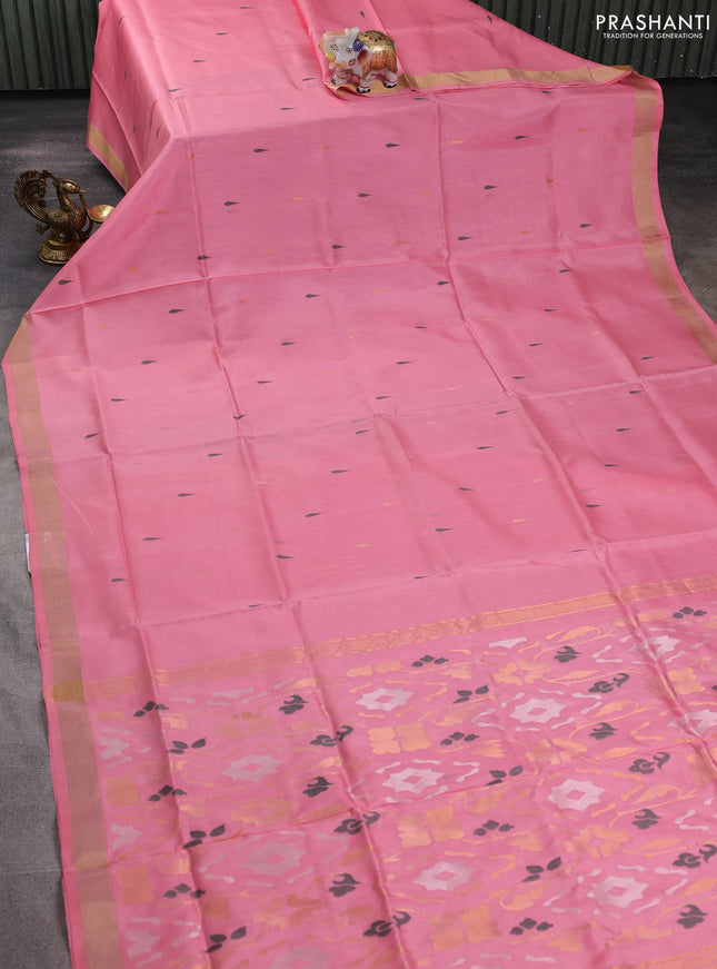 Pure uppada silk saree peach shade with thread & gold zari woven buttas and jamdhani design pallu