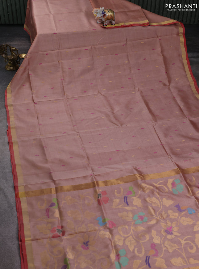 Pure uppada silk saree sandal and orange with thread & zari woven buttas and jamdhani design pallu