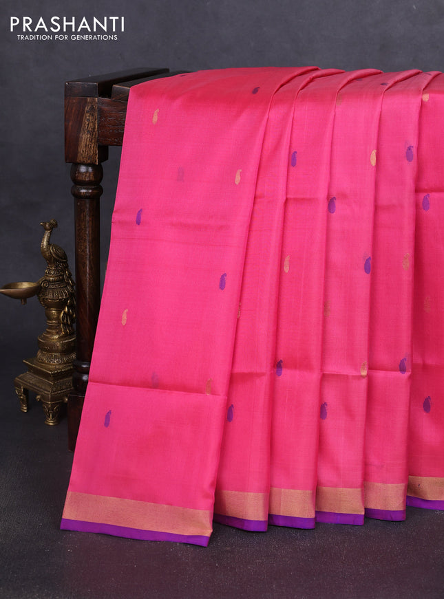 Pure uppada silk saree peach pink and violet with jamdhani buttas and jamdhani design pallu