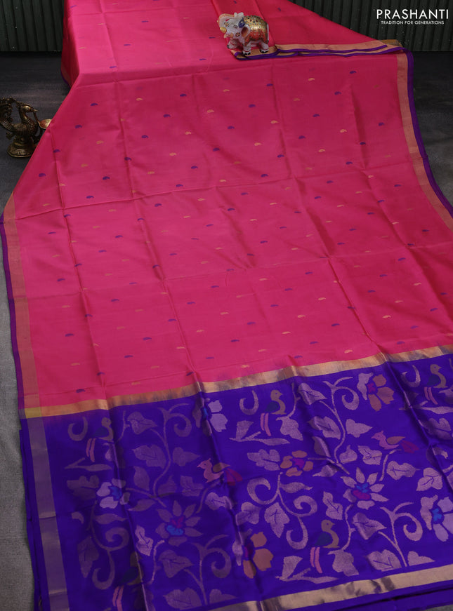 Pure uppada silk saree peach pink and violet with jamdhani buttas and jamdhani design pallu