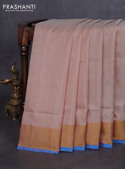 Pure uppada silk saree sandal and cs blue with silver & gold zari woven buttas and jamdhani design pallu