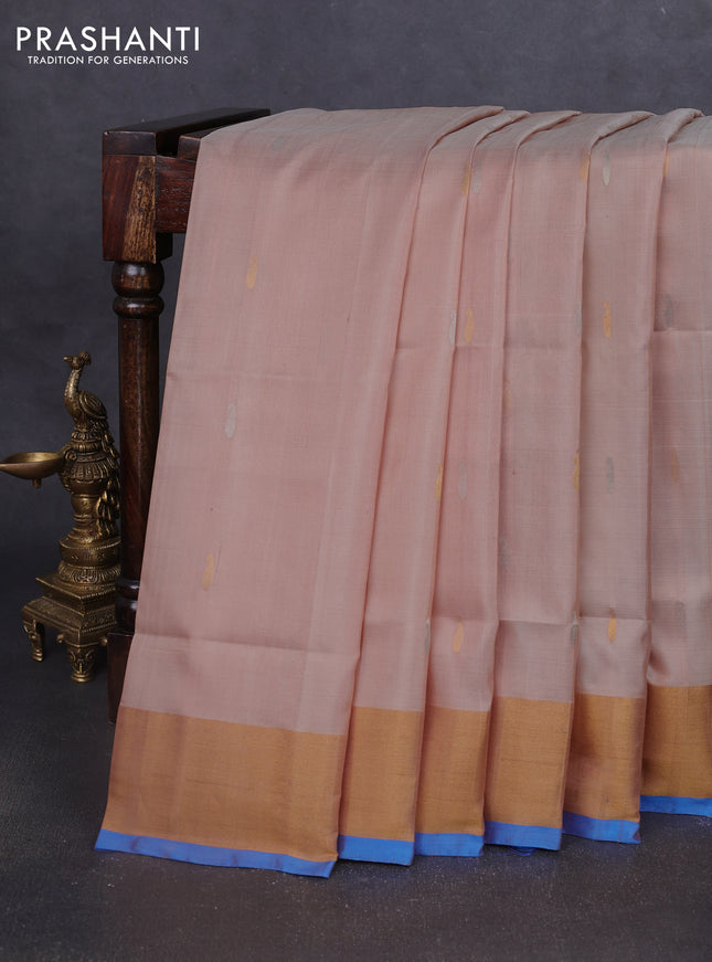 Pure uppada silk saree sandal and cs blue with silver & gold zari woven buttas and jamdhani design pallu