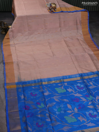 Pure uppada silk saree sandal and cs blue with silver & gold zari woven buttas and jamdhani design pallu