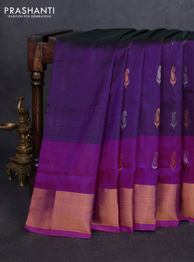 Pure uppada silk saree dual shade of purple and pink with silver & gold zari woven buttas and jamdhani design pallu
