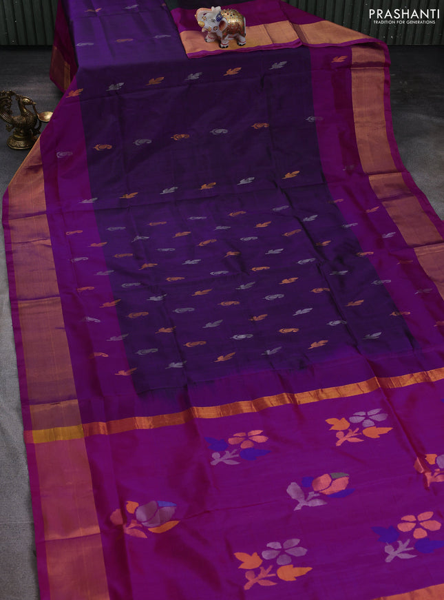 Pure uppada silk saree dual shade of purple and pink with silver & gold zari woven buttas and jamdhani design pallu