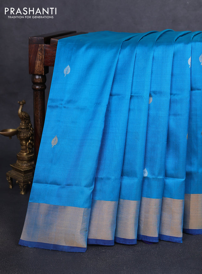 Pure uppada silk saree cs blue and navy blue with silver & gold zari woven buttas and jamdhani design pallu