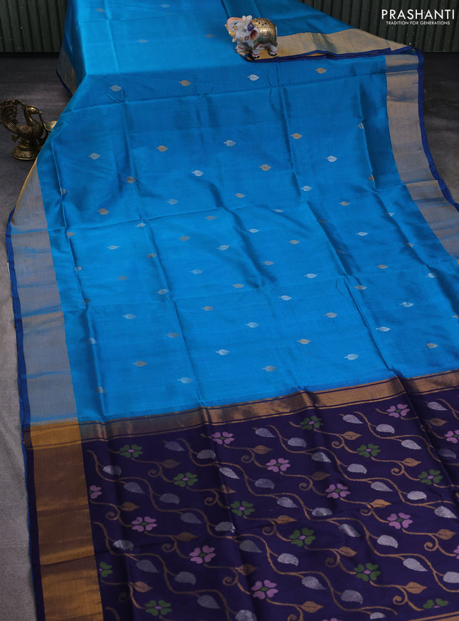 Pure uppada silk saree cs blue and navy blue with silver & gold zari woven buttas and jamdhani design pallu
