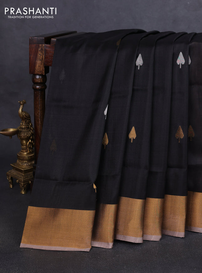Pure uppada silk saree black and pastel brown with silver & gold zari woven buttas and jamdhani design pallu