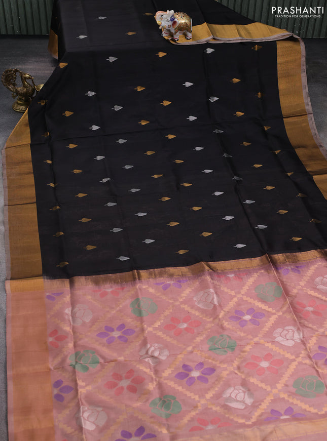 Pure uppada silk saree black and pastel brown with silver & gold zari woven buttas and jamdhani design pallu