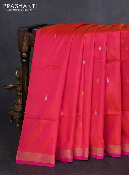 Pure uppada silk saree dual shade of pinkish orange and pink with silver & gold zari woven thilak buttas and jamdhani design pallu