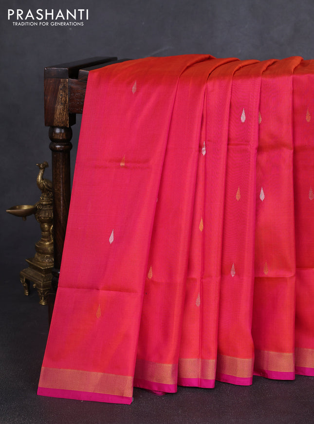 Pure uppada silk saree dual shade of pinkish orange and pink with silver & gold zari woven thilak buttas and jamdhani design pallu