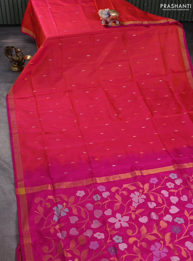 Pure uppada silk saree dual shade of pinkish orange and pink with silver & gold zari woven thilak buttas and jamdhani design pallu