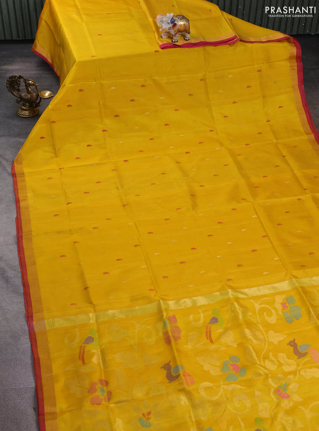 Pure uppada silk saree yellow and pink with thread & zari woven buttas and jamdhani design pallu