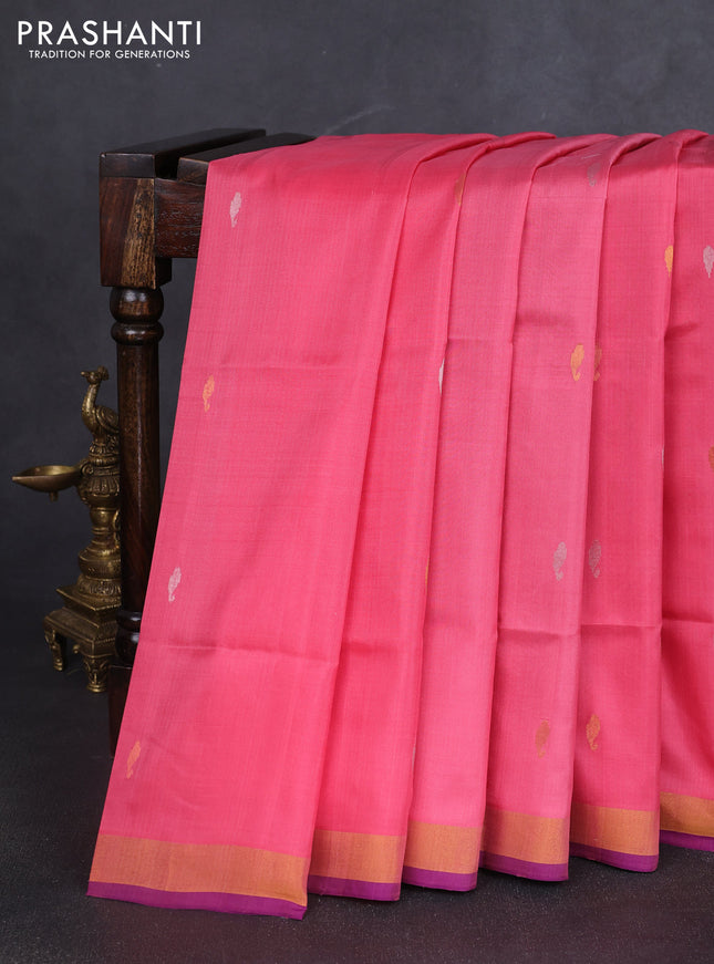 Pure uppada silk saree peach pink and purple with silver & gold zari woven buttas and jamdhani design pallu