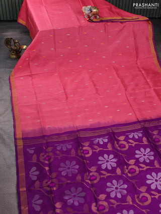 Pure uppada silk saree peach pink and purple with silver & gold zari woven buttas and jamdhani design pallu