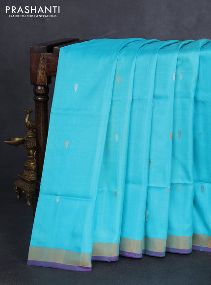 Pure uppada silk saree light blue and purple with silver & gold zari woven buttas and jamdhani design pallu
