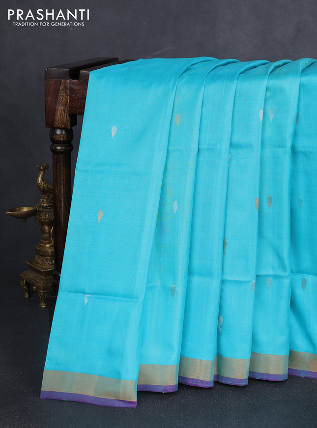 Pure uppada silk saree light blue and purple with silver & gold zari woven buttas and jamdhani design pallu