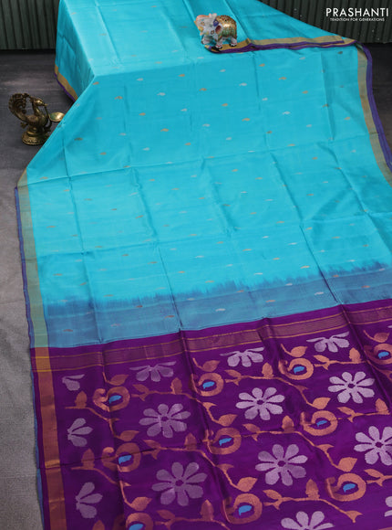 Pure uppada silk saree light blue and purple with silver & gold zari woven buttas and jamdhani design pallu