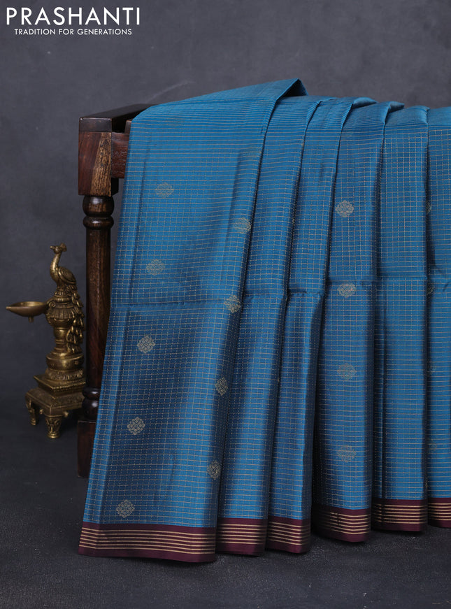 Kanchipuram soft silk saree peacock blue and deep maroon with allover small zari checks & buttas and zari woven border