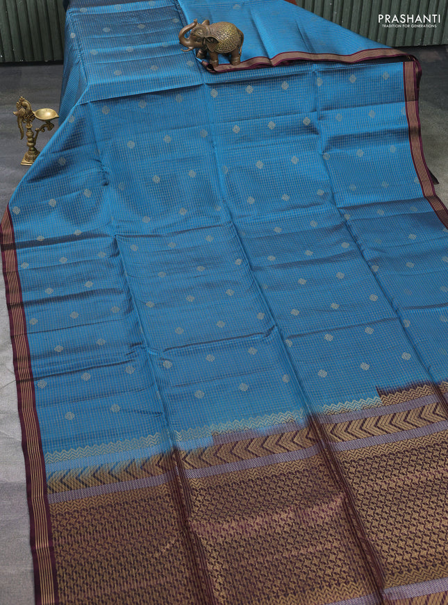 Kanchipuram soft silk saree peacock blue and deep maroon with allover small zari checks & buttas and zari woven border