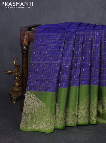 Kanchipuram soft silk saree navy blue and light green with allover zari checks & buttas and long zari woven border