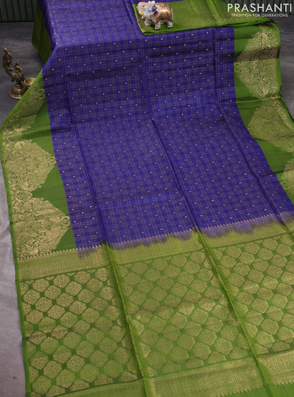 Kanchipuram soft silk saree navy blue and light green with allover zari checks & buttas and long zari woven border