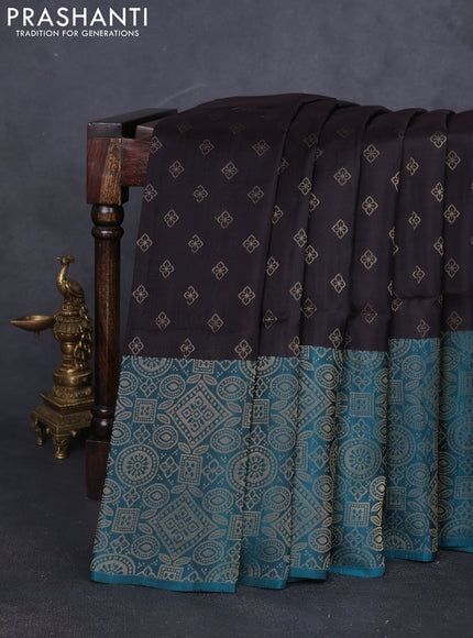 Kanchipuram soft silk saree coffee brown and peacock green with allover zari woven buttas and long zari woven border