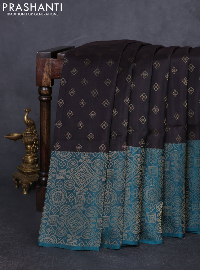Kanchipuram soft silk saree coffee brown and peacock green with allover zari woven buttas and long zari woven border