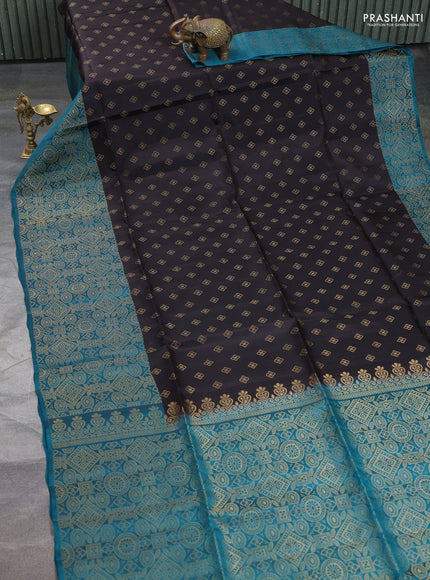 Kanchipuram soft silk saree coffee brown and peacock green with allover zari woven buttas and long zari woven border