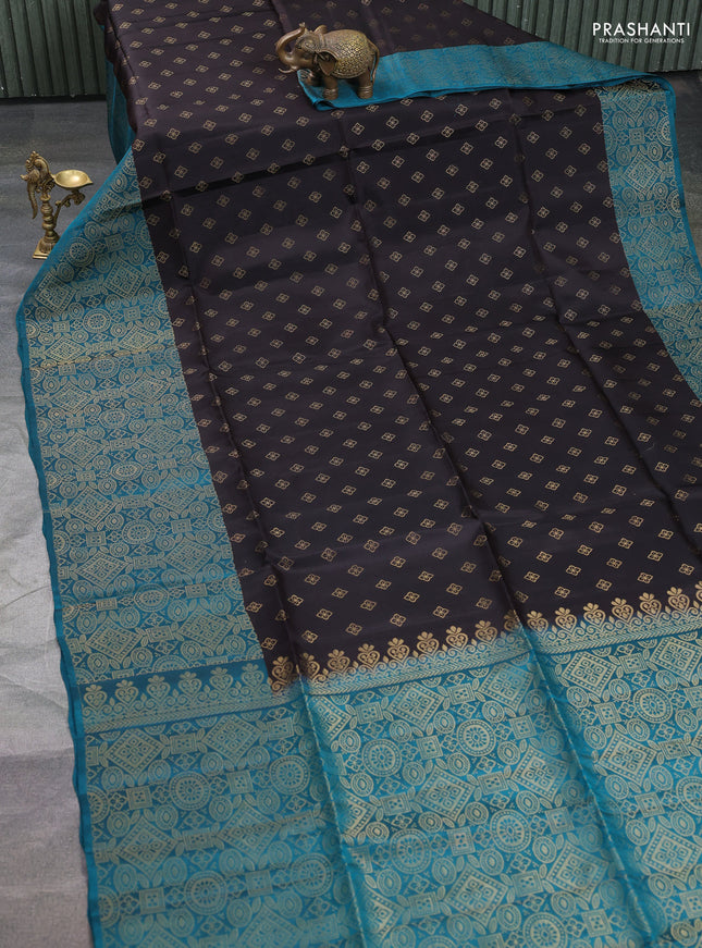Kanchipuram soft silk saree coffee brown and peacock green with allover zari woven buttas and long zari woven border