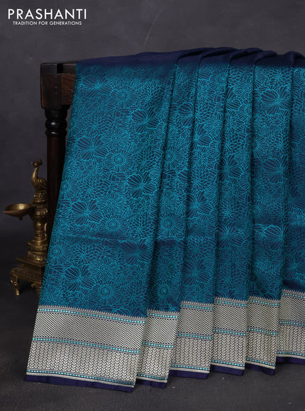Banarasi semi katan silk saree navy blue with allover floral self emboss and zari woven border