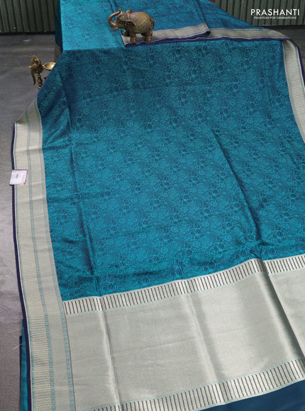 Banarasi semi katan silk saree navy blue with allover floral self emboss and zari woven border