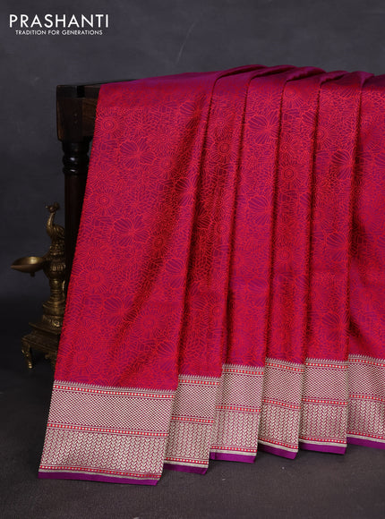 Banarasi semi katan silk saree deep purple with allover floral self emboss and zari woven border