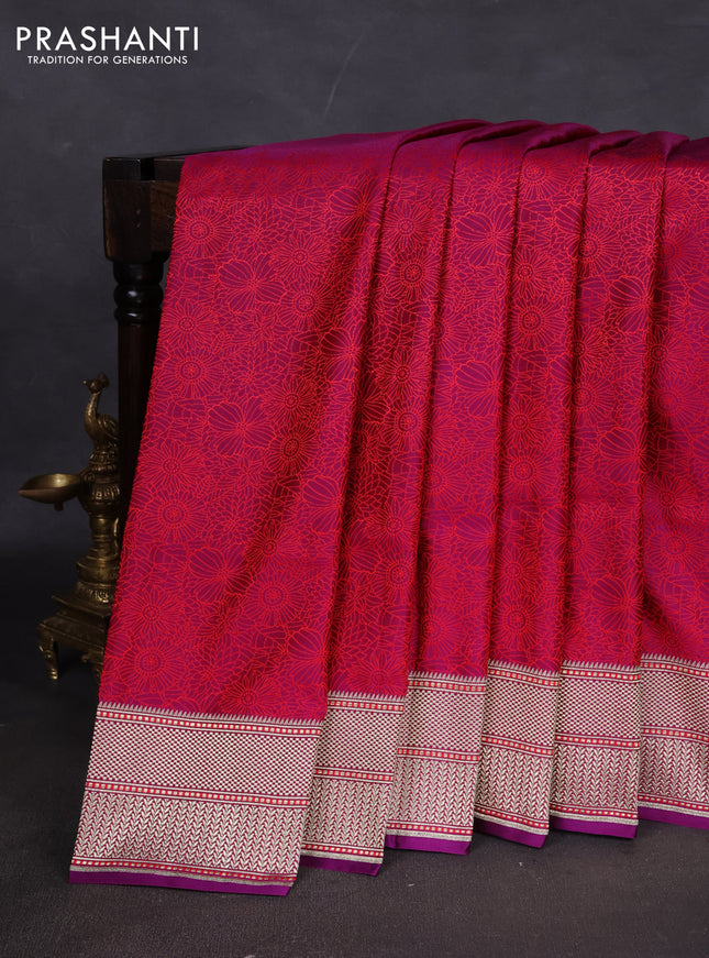 Banarasi semi katan silk saree deep purple with allover floral self emboss and zari woven border