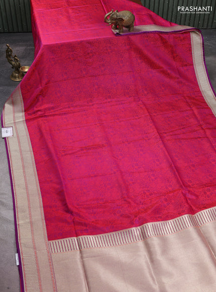 Banarasi semi katan silk saree deep purple with allover floral self emboss and zari woven border