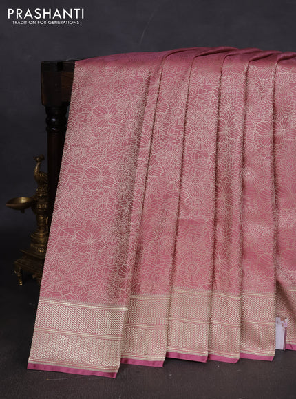 Banarasi semi katan silk saree pastel pink with allover floral self emboss and zari woven border