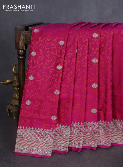 Banarasi semi katan silk saree dark pink with allover self emboss & zari buttas and zari woven border