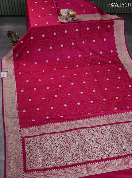 Banarasi semi katan silk saree dark pink with allover self emboss & zari buttas and zari woven border