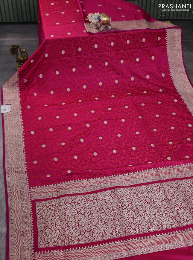 Banarasi semi katan silk saree dark pink with allover self emboss & zari buttas and zari woven border