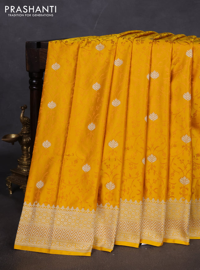 Banarasi semi katan silk saree yellow with allover self emboss & zari buttas and zari woven border