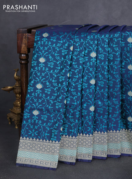 Banarasi semi katan silk saree navy blue with allover self emboss & zari buttas and zari woven border