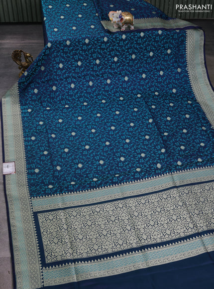 Banarasi semi katan silk saree navy blue with allover self emboss & zari buttas and zari woven border