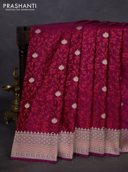 Banarasi semi katan silk saree dark megenta pink with allover self emboss & zari buttas and zari woven border