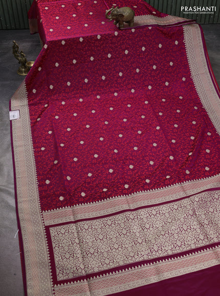 Banarasi semi katan silk saree dark megenta pink with allover self emboss & zari buttas and zari woven border
