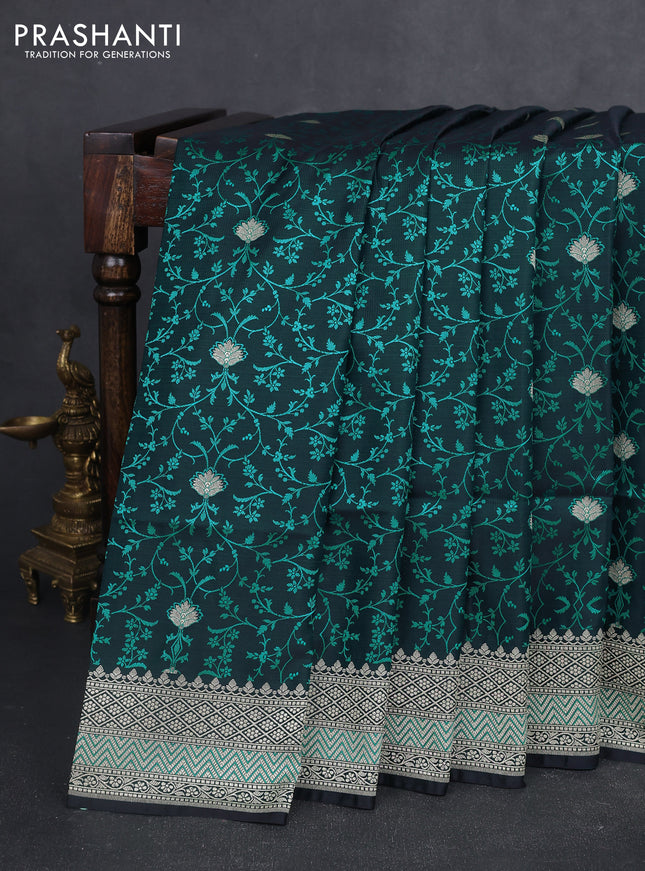 Banarasi semi katan silk saree black and teal green with allover self emboss & zari buttas and zari woven border