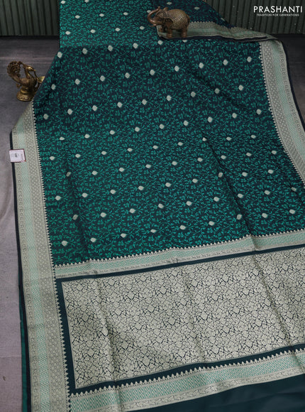 Banarasi semi katan silk saree black and teal green with allover self emboss & zari buttas and zari woven border