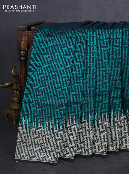 Banarasi semi katan silk saree black and teal green with allover self emboss and zari woven border