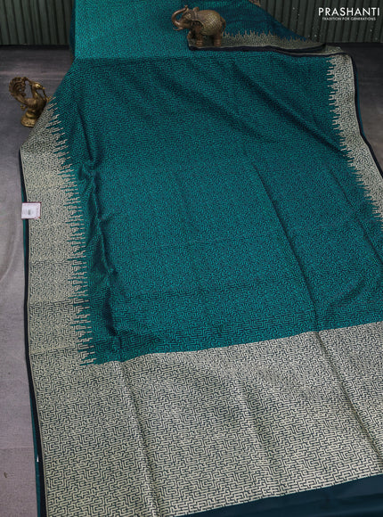 Banarasi semi katan silk saree black and teal green with allover self emboss and zari woven border